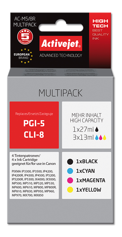 Activejet Activejet AC-M5/8R. Soort: Compatibel, Printkleuren: Zwart, Cyaan, Magenta, Geel, Merkcompatibiliteit: Canon. Klasse: A+, Technologie: Refurbished, Compatibele inkttypen,