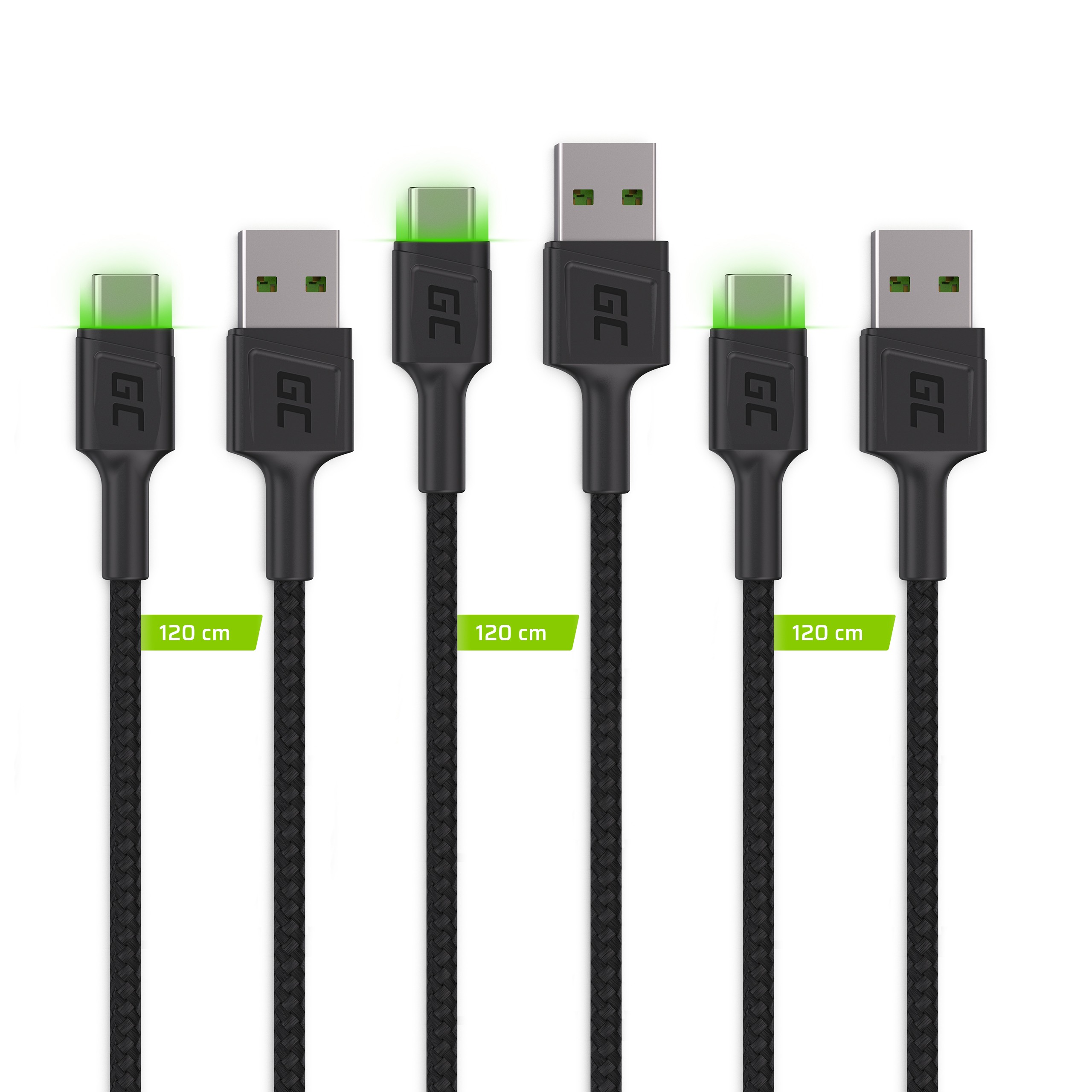 3x GC Ray USB-C 200cm kabel met groen LED verlichting, fast charging Ultra Charge, QC 3.0