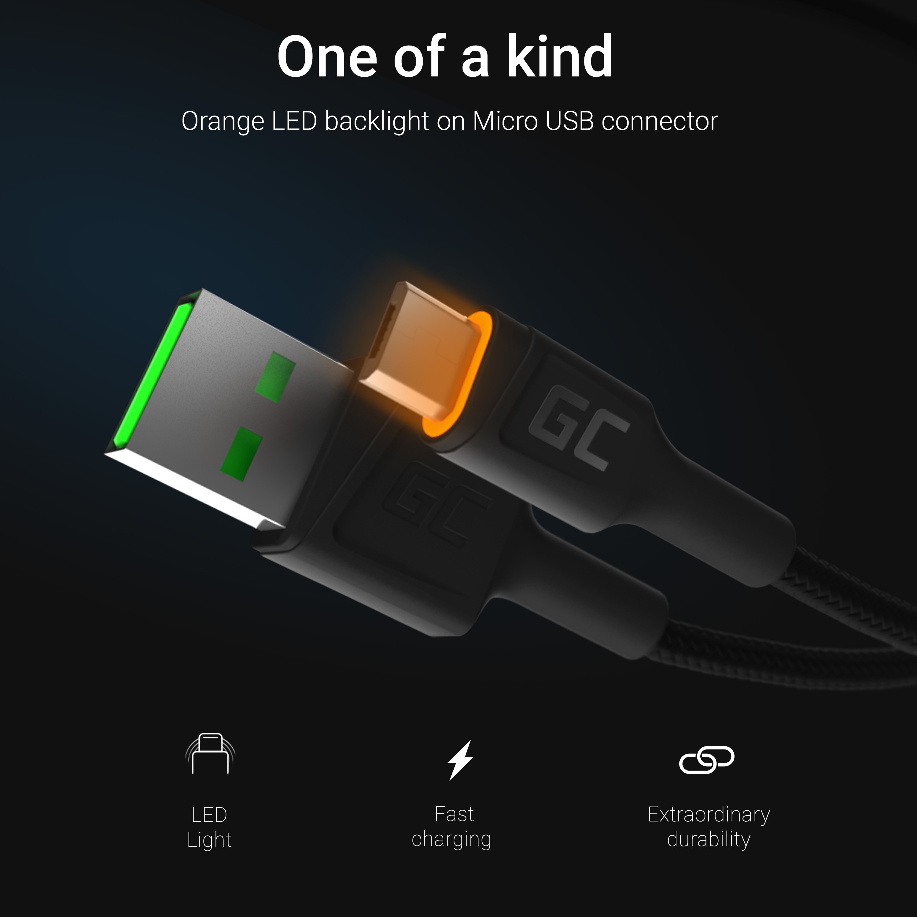 Oplaad kabel GC Ray USB - Micro USB 200cm met ingebouwd orange LED licht, Fast charge - Ultra Charge - QC 3.0 thumbnail 3