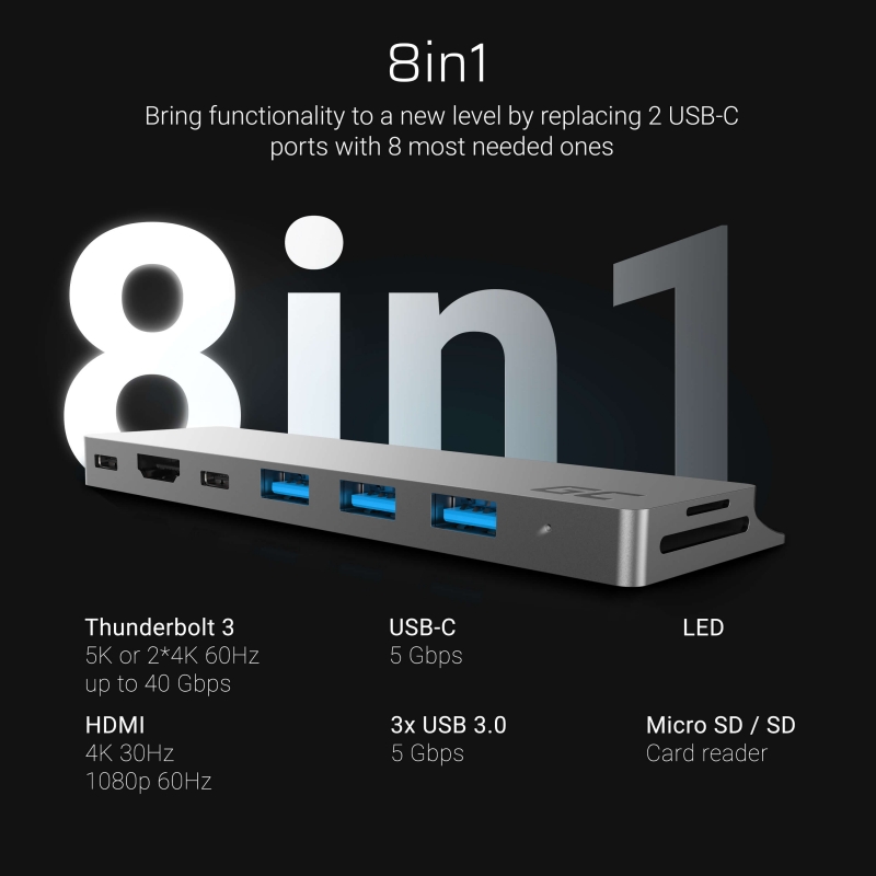 Adapter HUB Connect60 8in1 (Thunderbolt 3, USB-C, HDMI, 3x USB 3.0) voor Apple MacBook Air 2018, Pro 2016 en nieuwer thumbnail 10