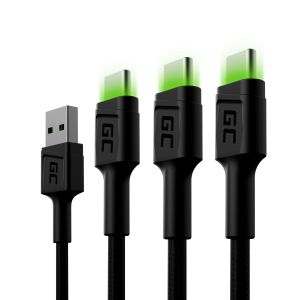 3x GC Ray USB-C 120cm kabel met groen LED verlichting, fast charging Ultra Charge, QC 3.0