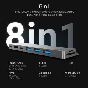 Adapter HUB Connect60 8in1 (Thunderbolt 3, USB-C, HDMI, 3x USB 3.0) voor Apple MacBook Air 2018, Pro 2016 en nieuwer