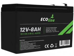 EcoLine - AGM 12V 8AH - 8000mAh VRLA Batterij - 151 x 65 x 95 - Deep Cycle Accu