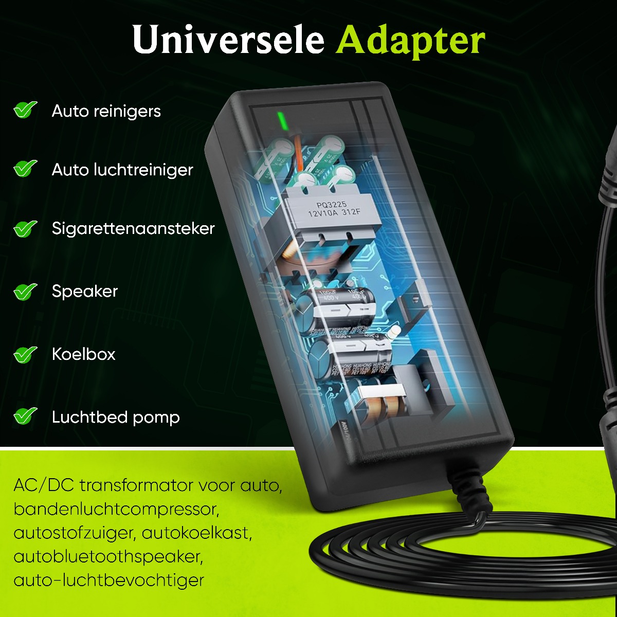 EcoLine - Adapter 230V naar 12V aansluiting 72W - Omvormer AC naar DC - voor Koelbox - zwart