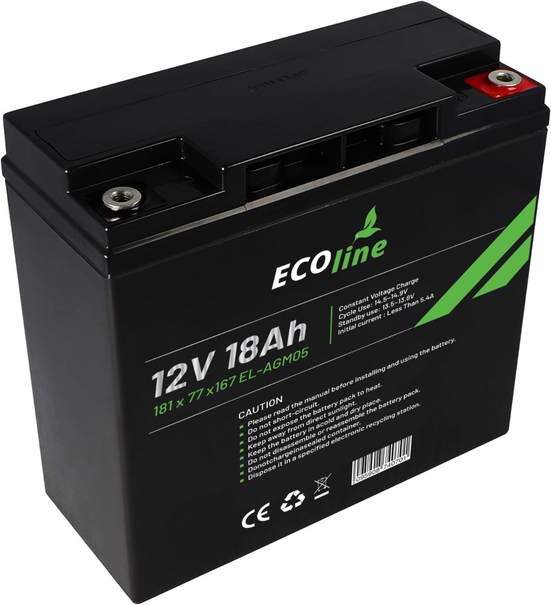 EcoLine - AGM 12V - 18AH VRLA Batterij - 181 x 77 x167 - Deep Cycle Accu