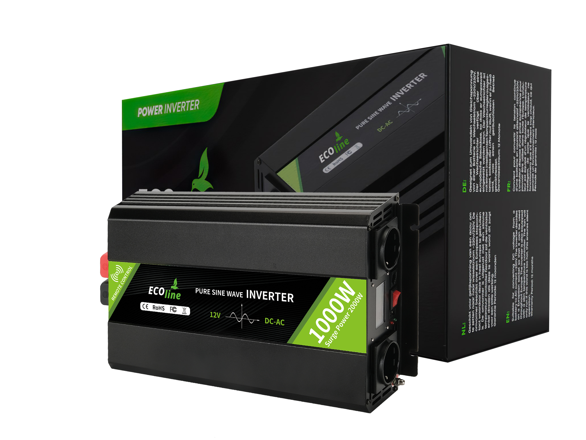 EcoLine - Omvormer 12V Naar 220V/230V - 1000w Vermogen - Zuivere sinus - Auto omvormer - Remote Controlled