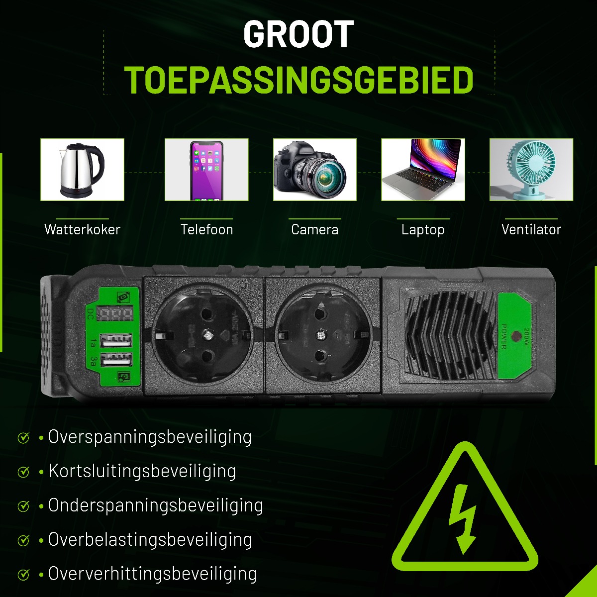 EcoLine - Auto Omvormer 12V Naar 220V/230V - 200W stekkerdoos / stopcontact voor in de auto met 2x USB