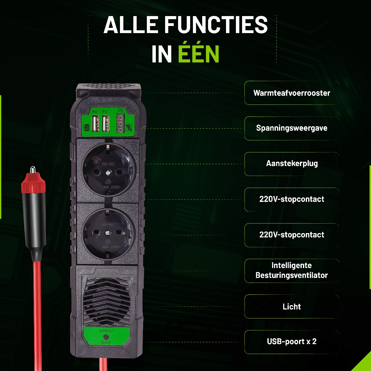 EcoLine - Auto Omvormer 12V Naar 220V/230V - 200W stekkerdoos / stopcontact voor in de auto met 2x USB thumbnail 4