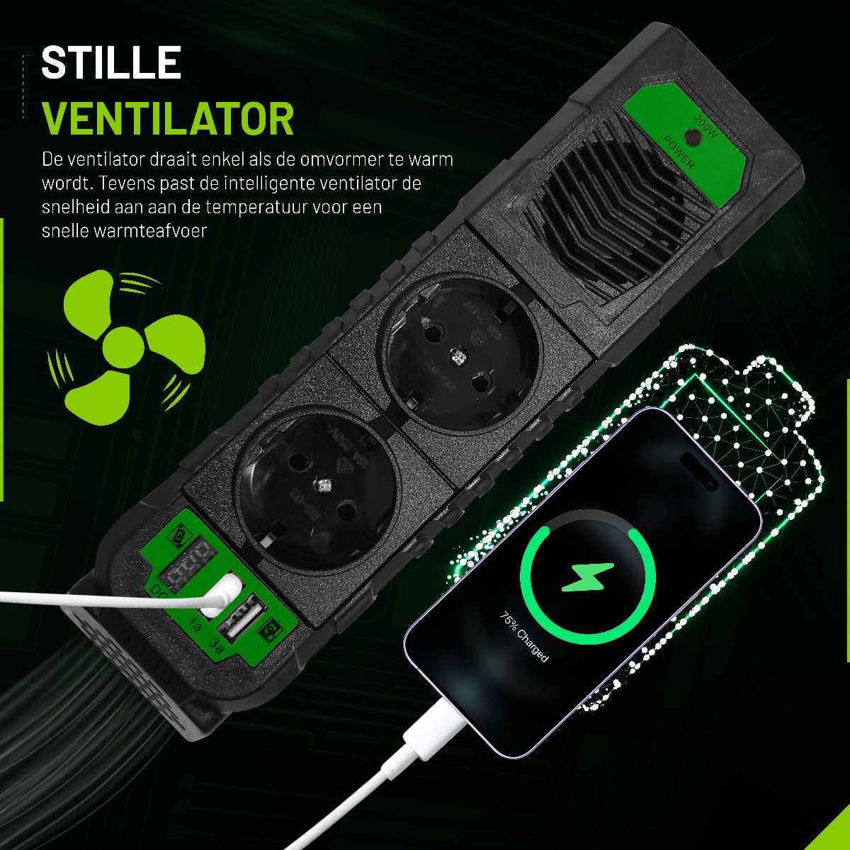 EcoLine - Auto Omvormer 12V Naar 220V/230V - 200W stekkerdoos / stopcontact voor in de auto met 2x USB thumbnail 6