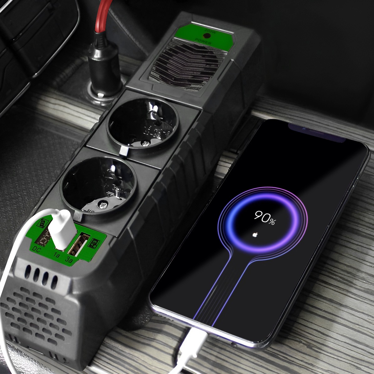 EcoLine - Auto Omvormer 12V Naar 220V/230V - 200W stekkerdoos / stopcontact voor in de auto met 2x USB thumbnail 3