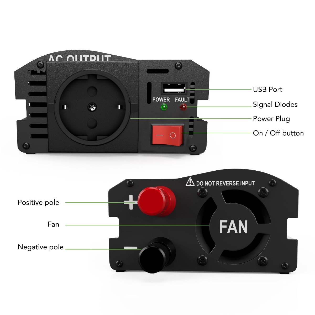 EcoLine - Omvormer 12V Naar 220V / 230V - 500w / 1000w Vermogen - Gemodificeerde Sinus - Spanningomvormer thumbnail 6