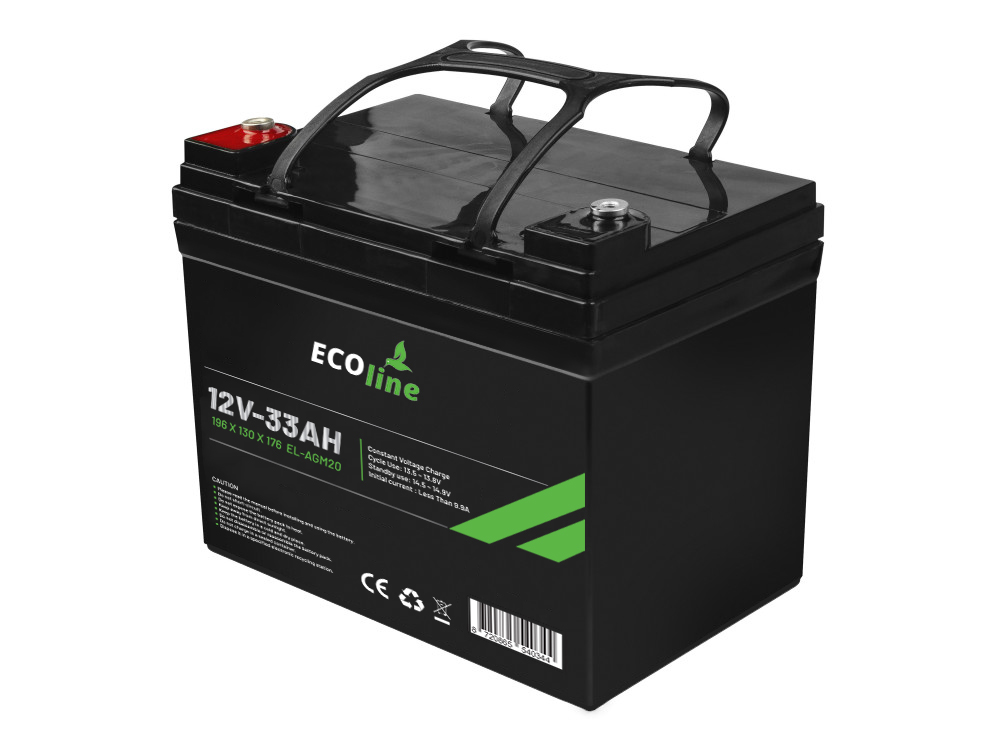 EcoLine - AGM 12V 33AH - 33000mAh VRLA Batterij - 196 x 130 x 174 - Deep Cycle Accu