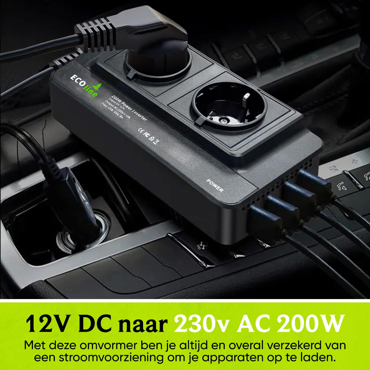 EcoLine - Auto Omvormer 12V Naar 220V/230V - 200W Autolader - stopcontact voor in de auto met 4x USB - splitter