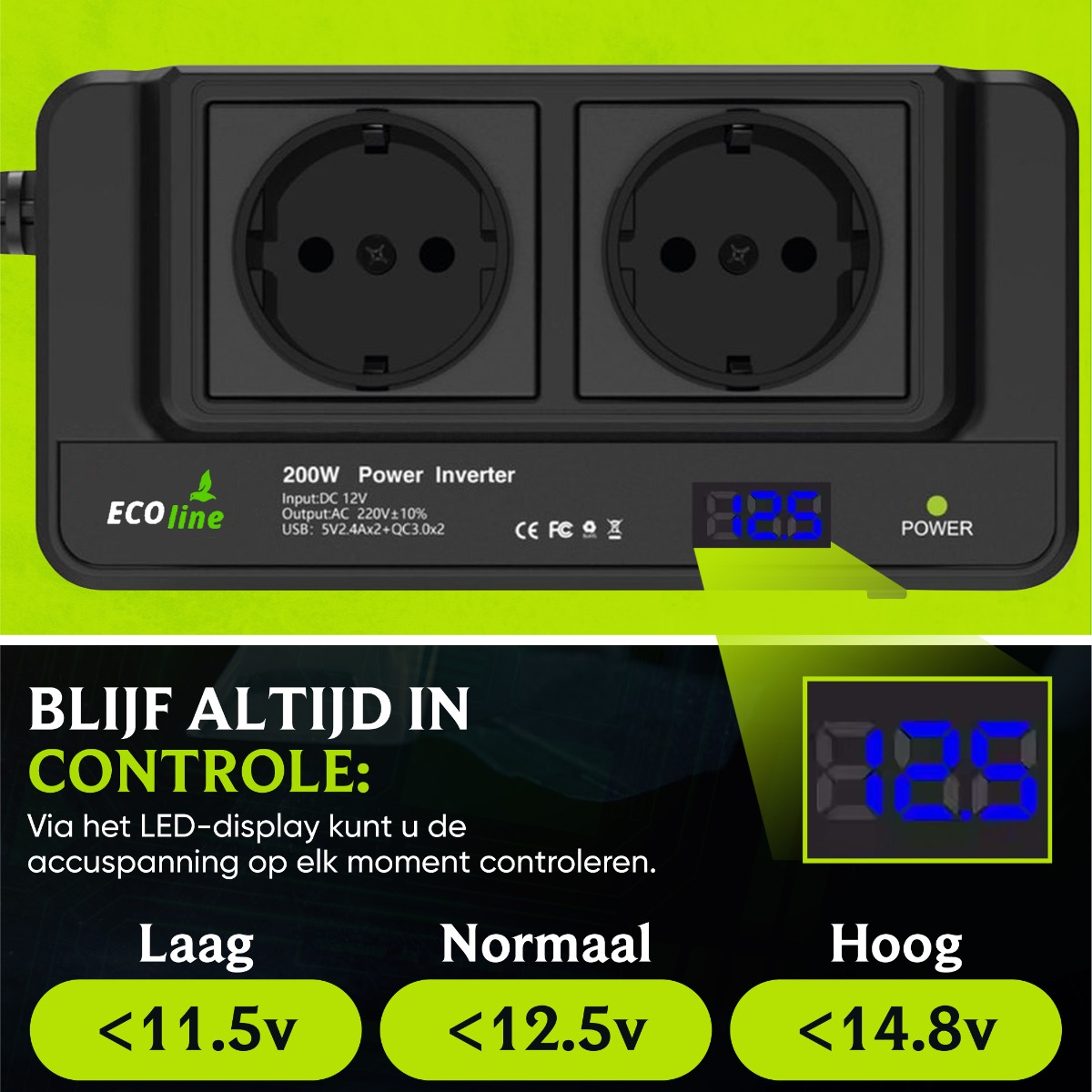 EcoLine - Auto Omvormer 12V Naar 220V/230V - 200W Autolader - stopcontact voor in de auto met 4x USB - splitter thumbnail 5