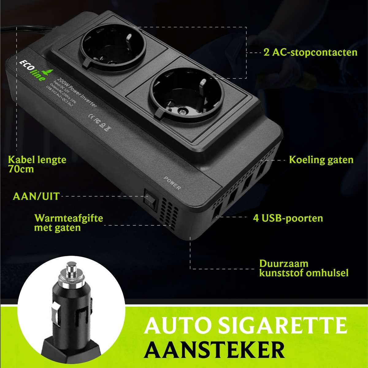 EcoLine - Auto Omvormer 12V Naar 220V/230V - 200W Autolader - stopcontact voor in de auto met 4x USB - splitter thumbnail 4