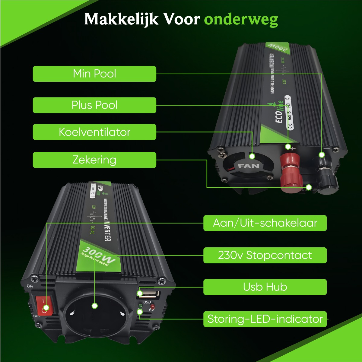 EcoLine - Omvormer 12V Naar 220V / 230V sigarettenaansteker - 300w / 600w Vermogen - Gemodificeerde Sinus - Auto omvormer- stopcontact - autolader thumbnail 4