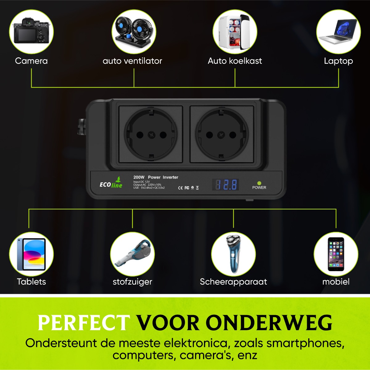 EcoLine - Omvormer 12V Naar 220V/230V - 200W Autolader - stopcontact voor in de auto met 4x USB