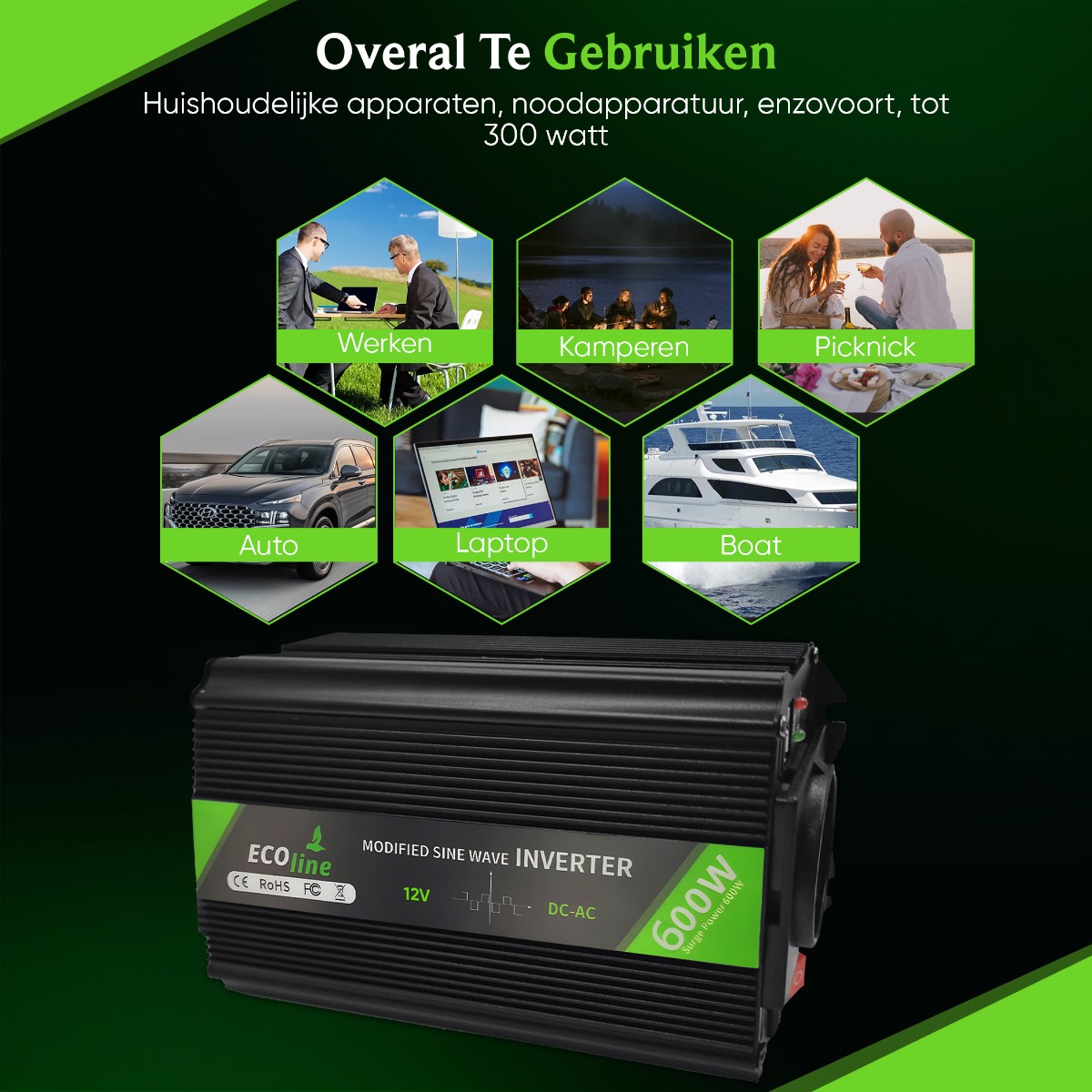 EcoLine - Omvormer 12V Naar 220V / 230V - 600w / 1200w Vermogen - Gemodificeerde Sinus - Spanningomvormer thumbnail 3