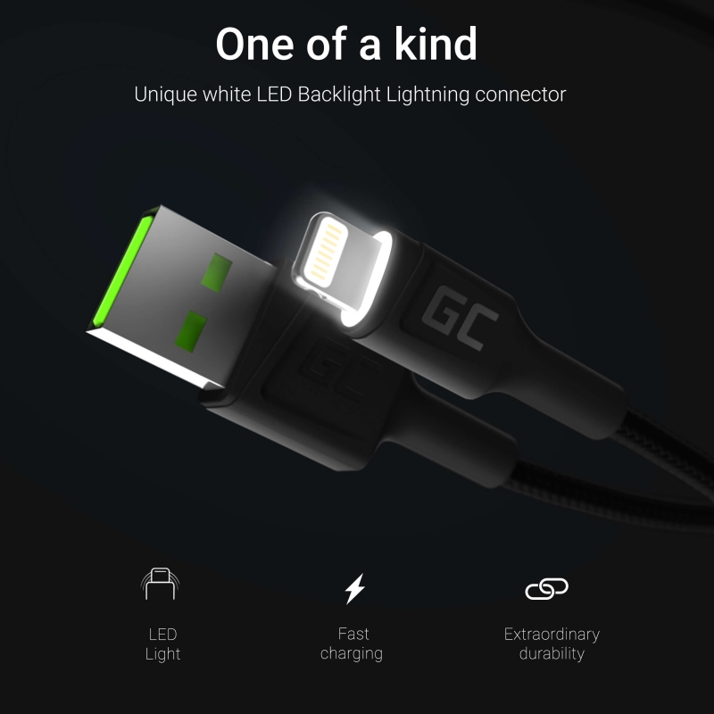Kabel GC Ray USB-A - Lightning wit LED 120cm Met support voor Apple 2.4A  fast charging