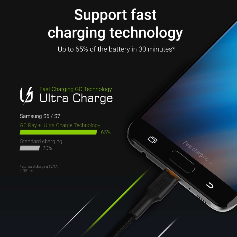 Kabel GC Ray USB-A - microUSB Geel LED 120cm Met support voor Ultra Charge QC3.0 fast charging thumbnail 4